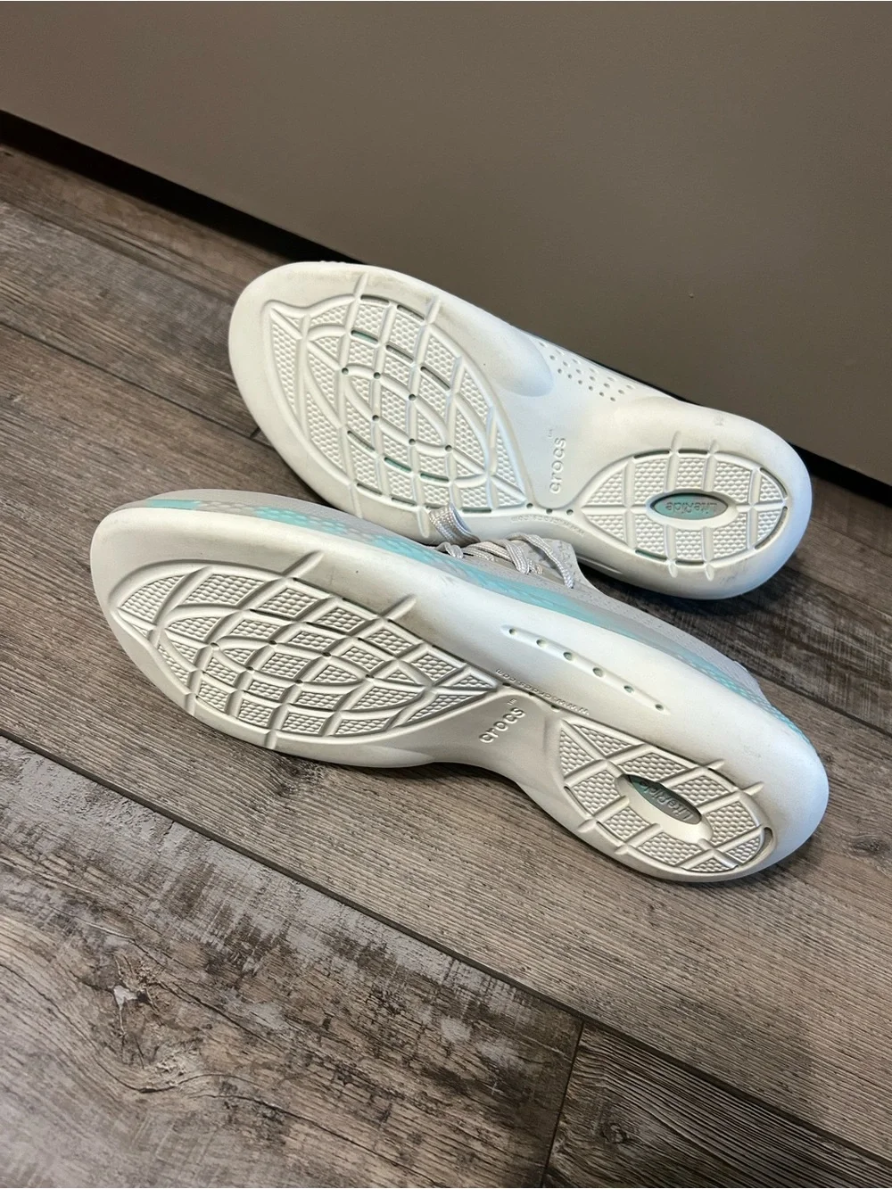 grey and marbled aqua Crocs LiteRide 360 Pacer sneakers